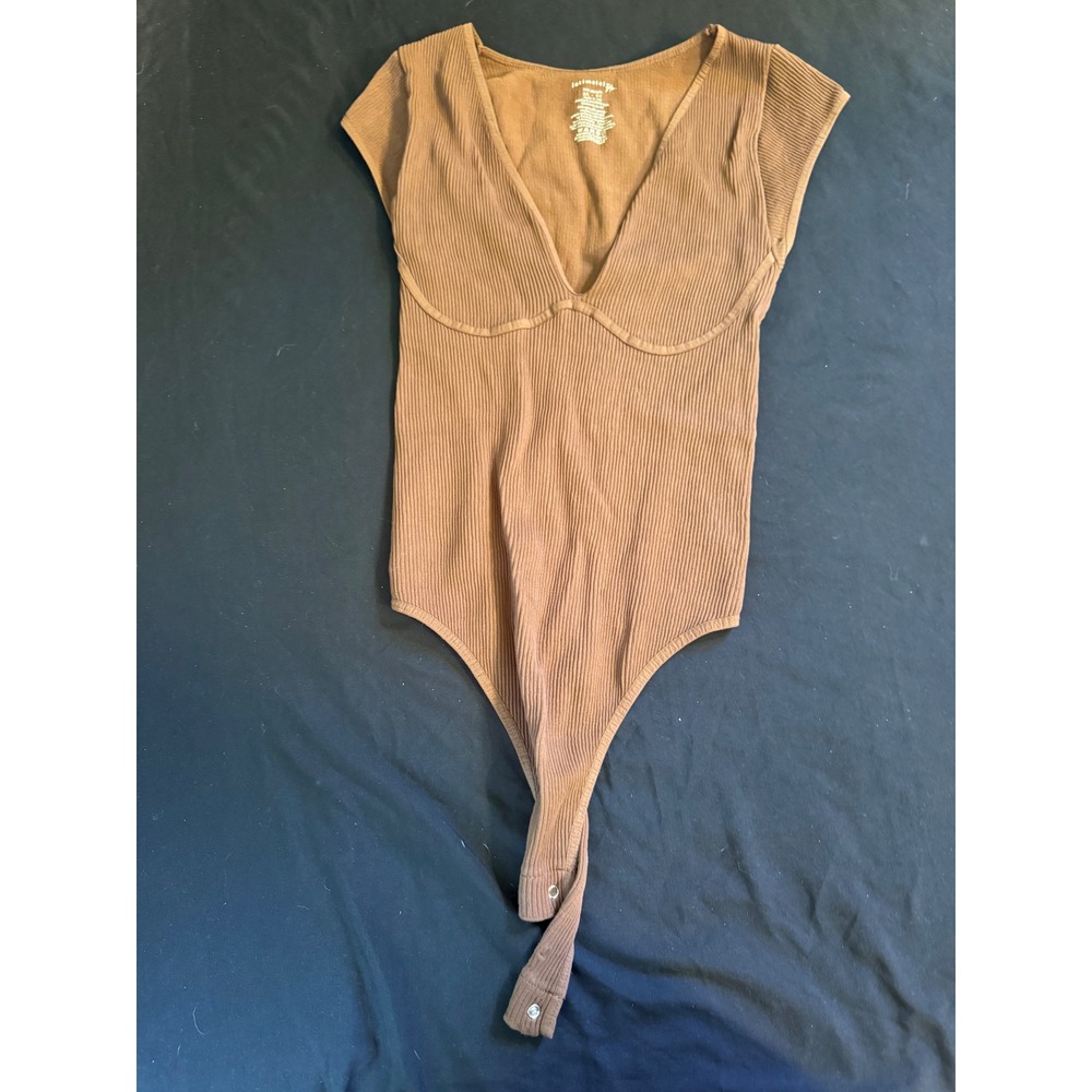 Brown Ribbed Knit Long Sleeve‎ Bodysuit Crew Neck Snap Closure Womens Small
